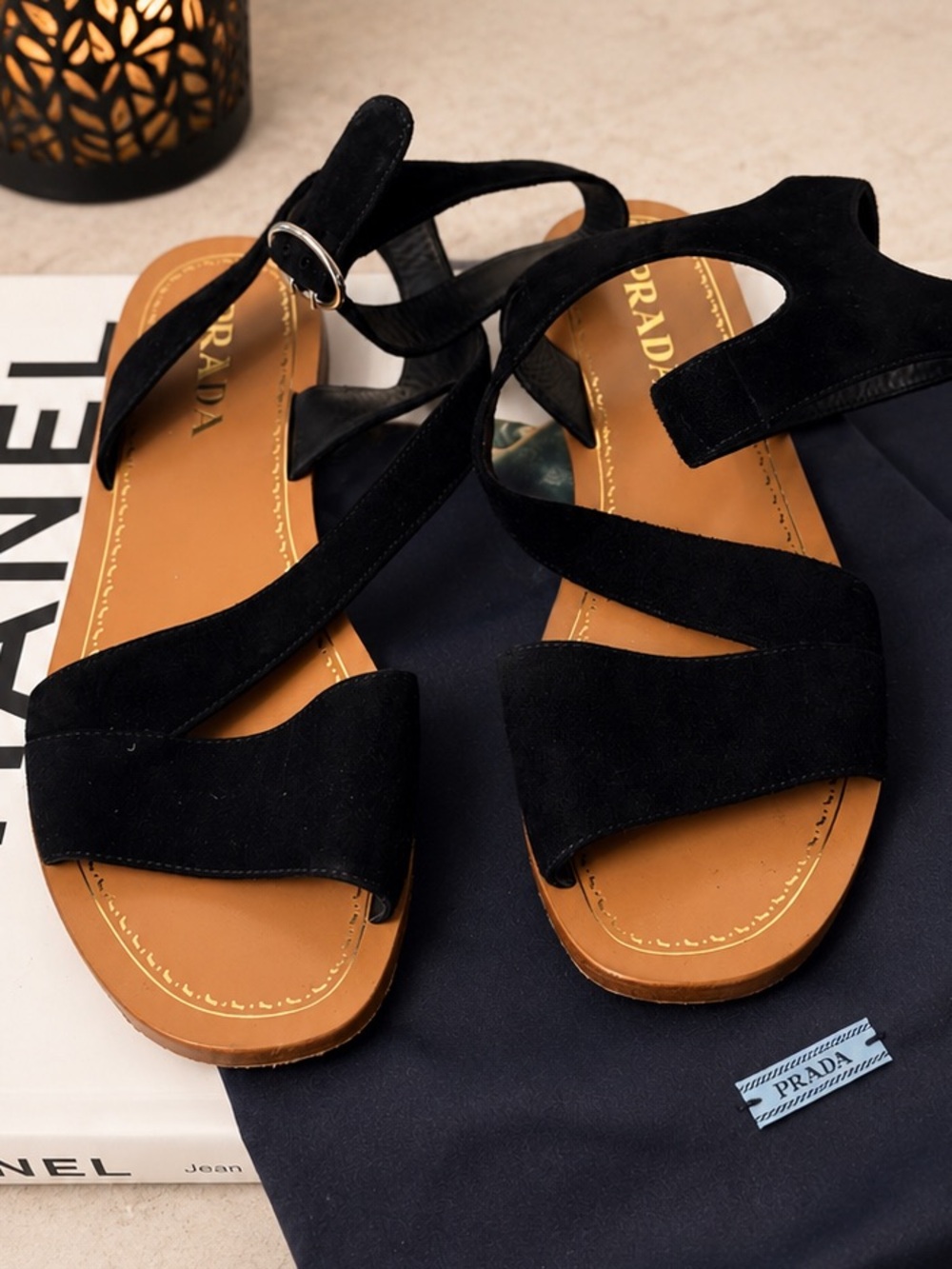 Prada Black Suede Ankle Strap Flat Sandals Size 36.5 / 6.5 Authentic